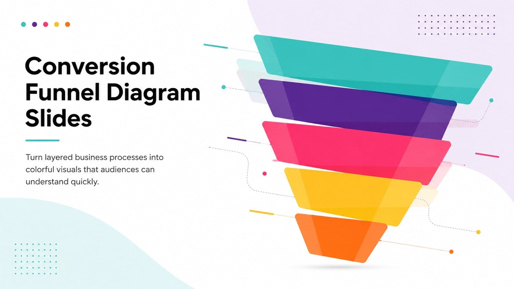 Cover for Conversion Funnel Diagram Slides with colorful layered shapes and clean minimalist typography.
