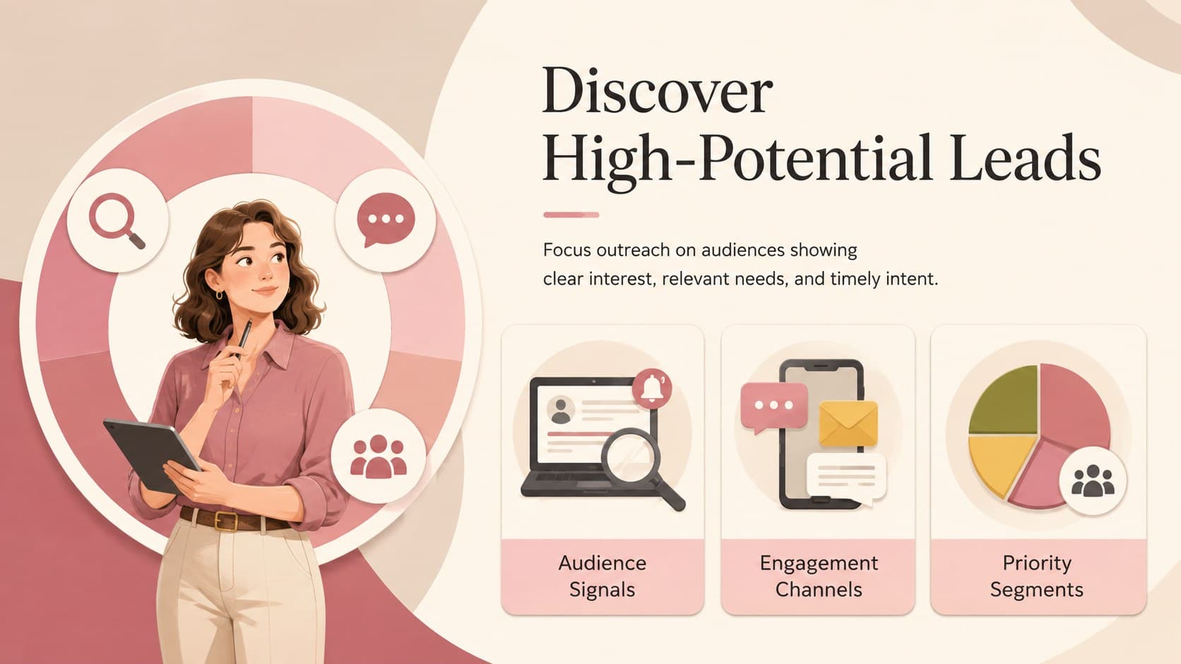 Beige and pink lead discovery slide outlining audience signals and initial engagement channels.