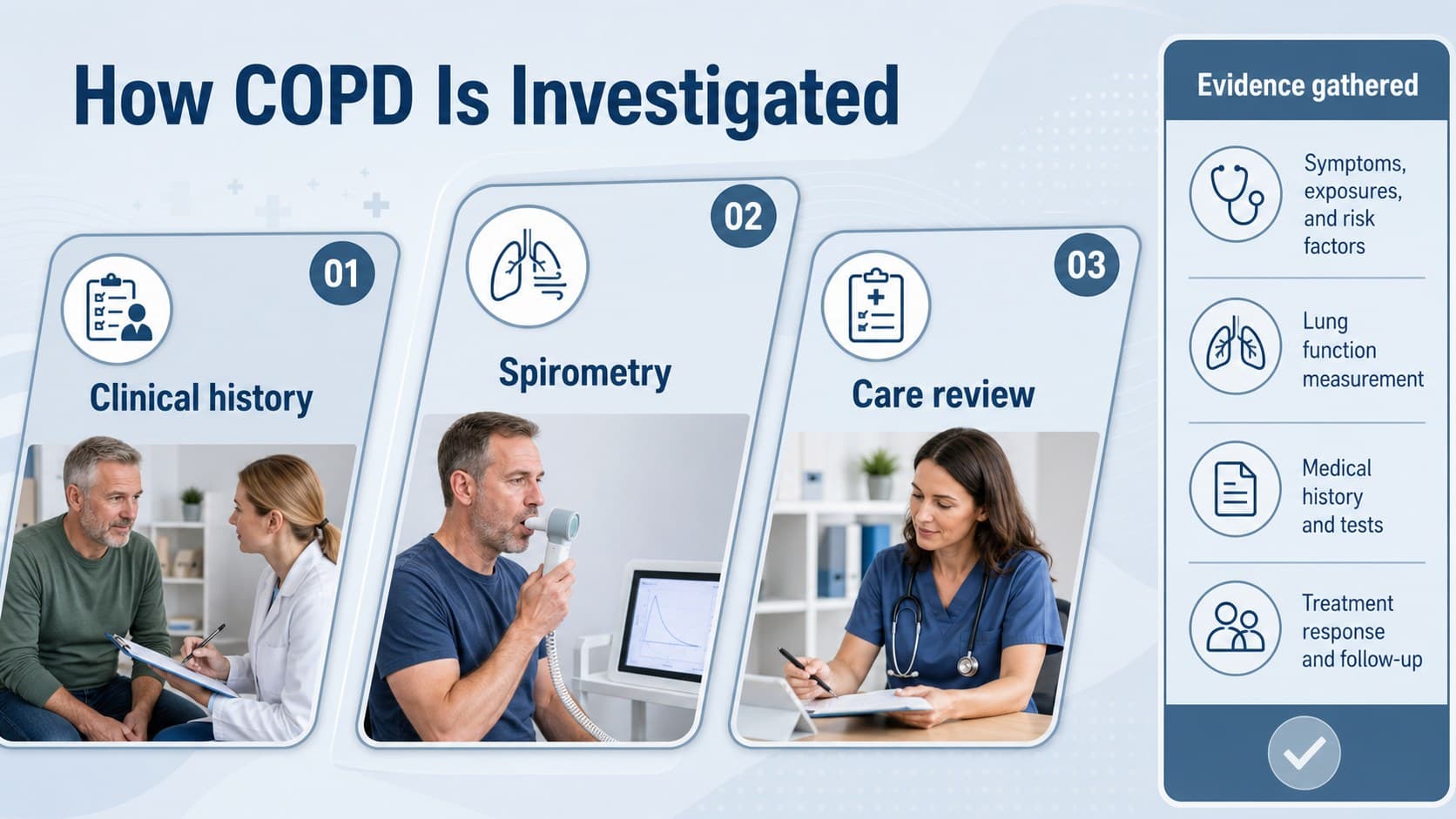 COPD diagnostic workflow slide featuring consultation, spirometry, and clinical review.