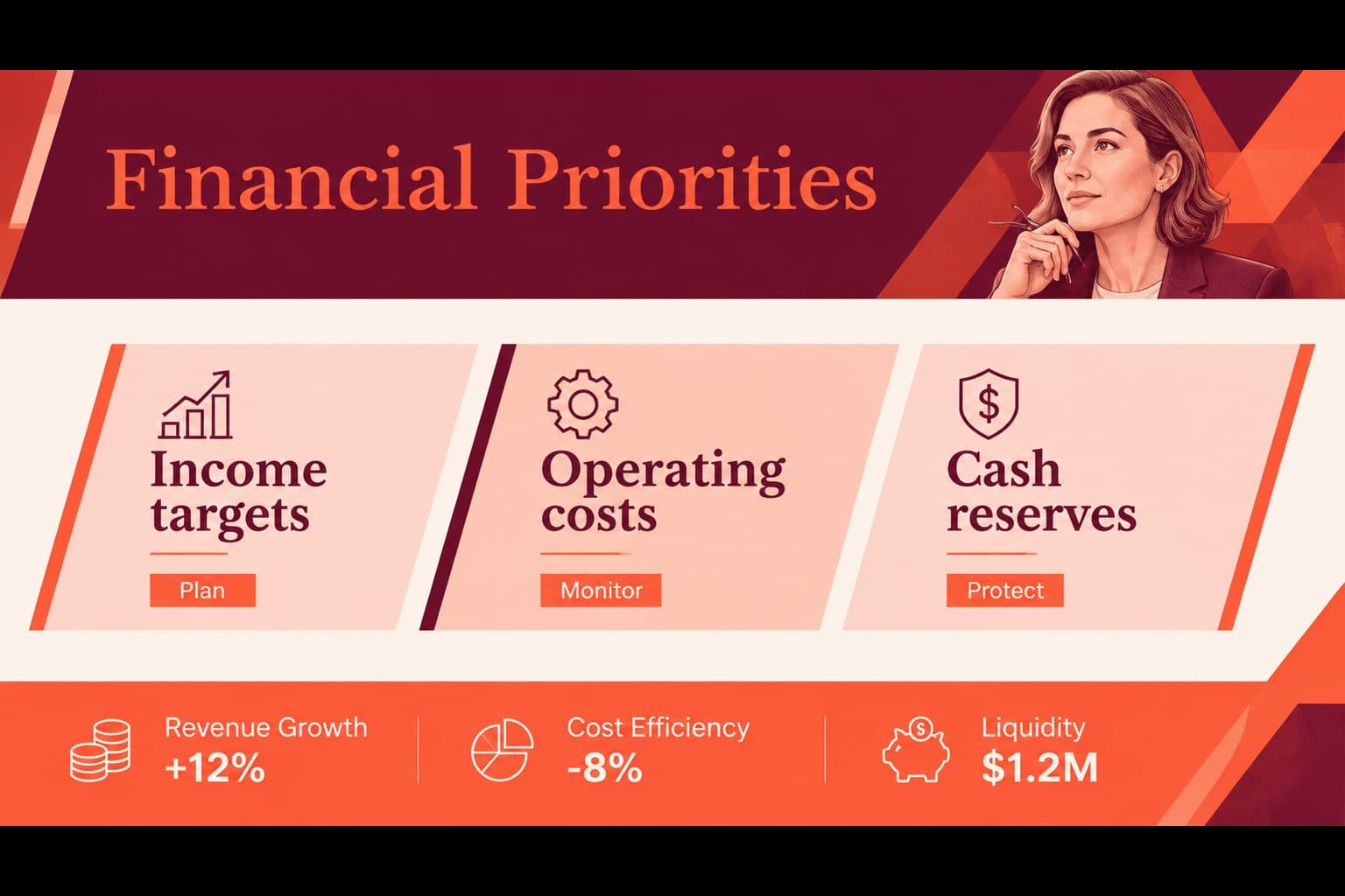 Business expense forecast presentation slide organizing income, operating costs, and financial priorities in an editable corporate layout.