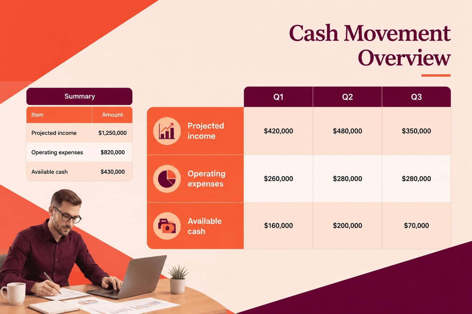 Editable cash flow presentation slide comparing projected income, operating expenses, and available cash across a planning period.