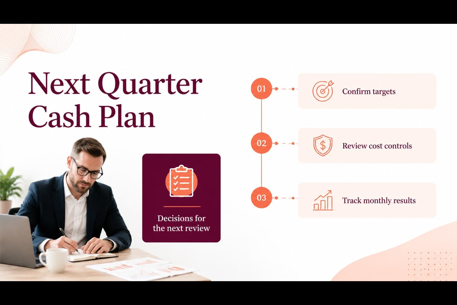 Quarterly finance review deck closing slide presenting cash targets, next actions, and management decisions in a bold orange corporate style.