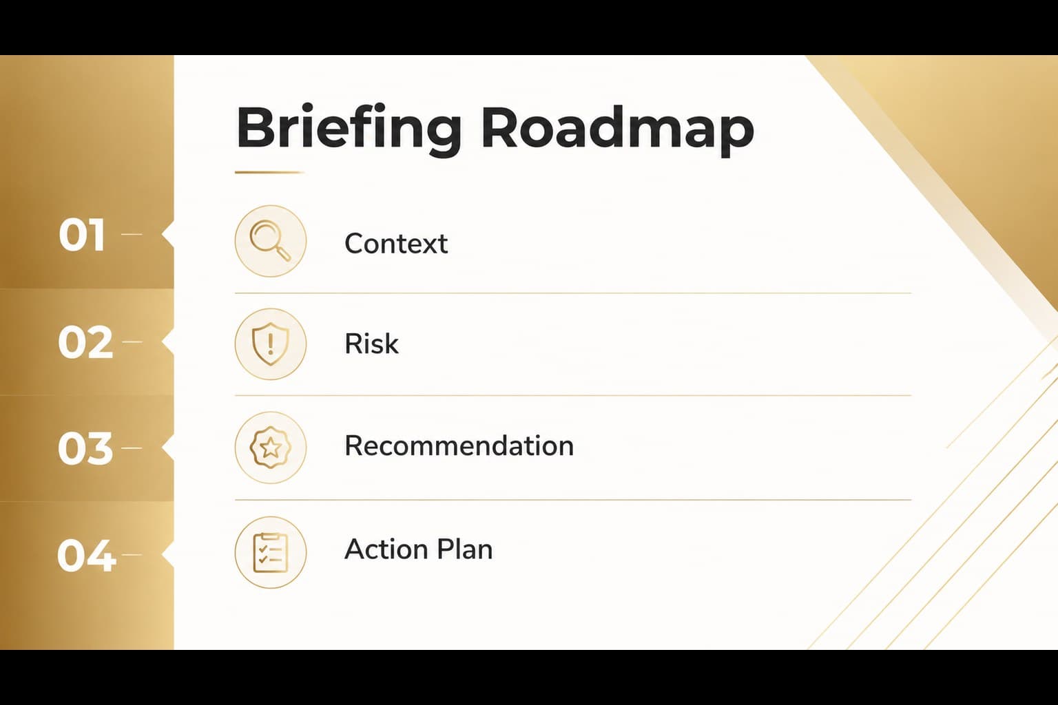 Agenda slide outlining the sections of a corporate counsel strategy deck in a yellow and white business law style.