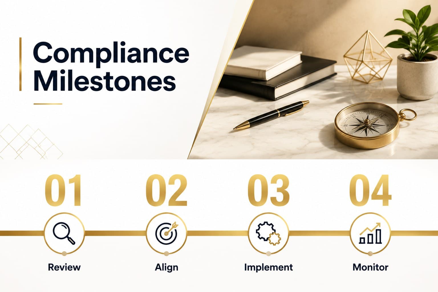 Compliance consulting presentation slide displaying a regulatory timeline with gold milestones.