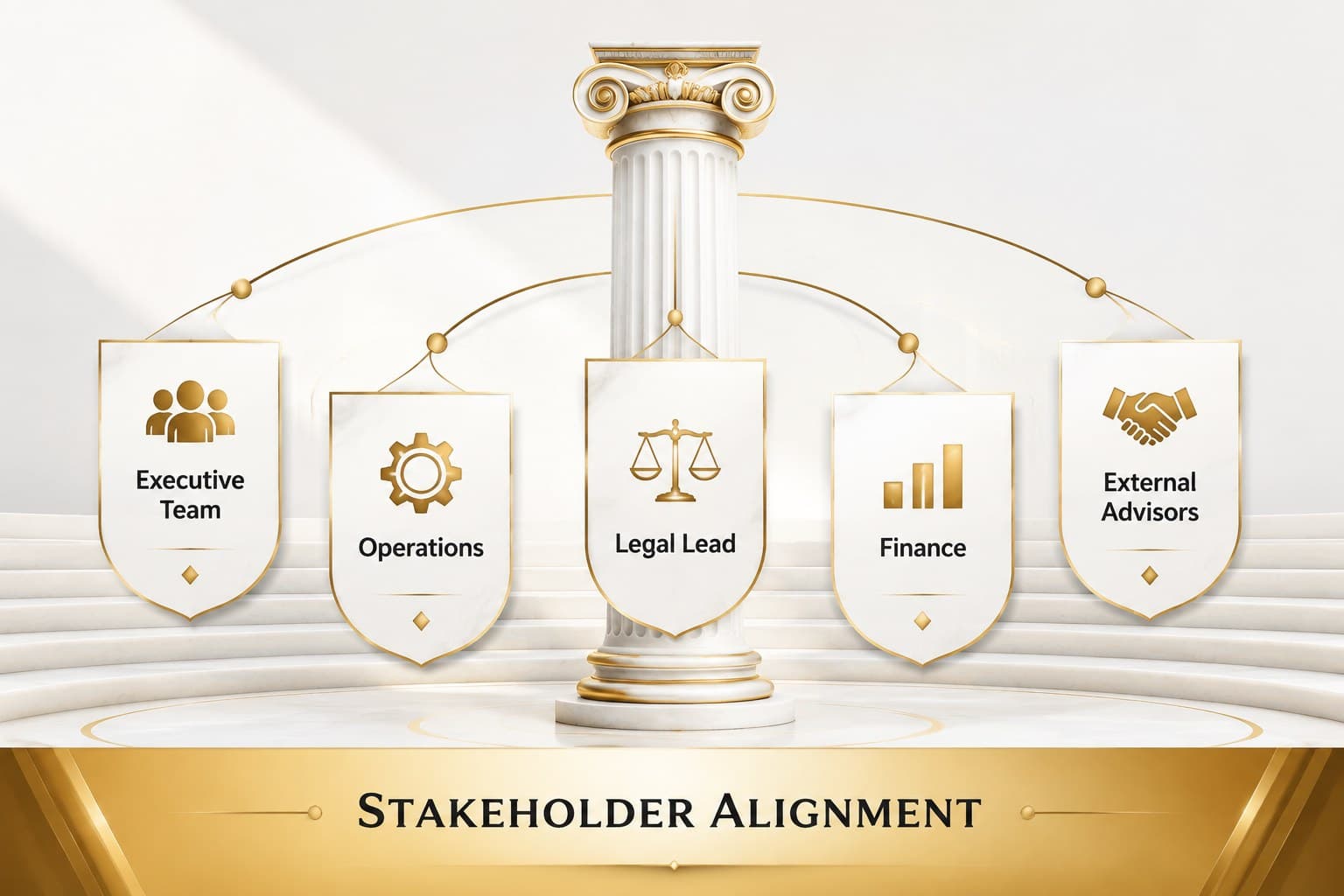 Stakeholder map slide for an in-house counsel briefing template with connected business roles.