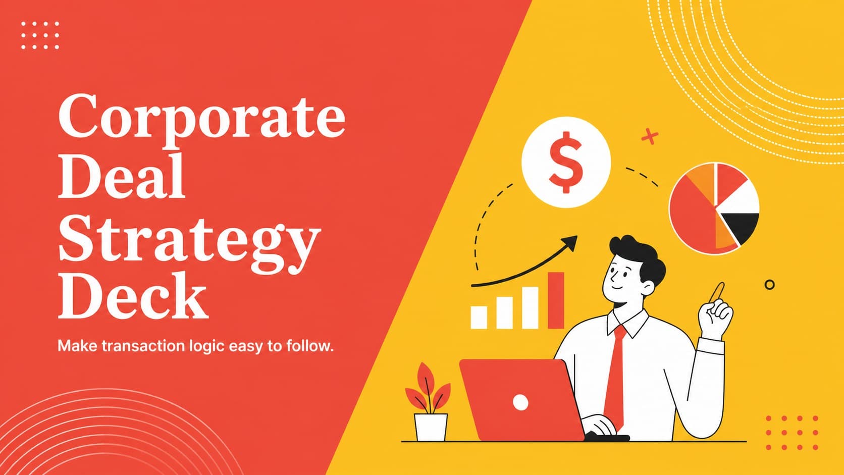 Corporate deal strategy deck cover with bold red and yellow business illustrations.