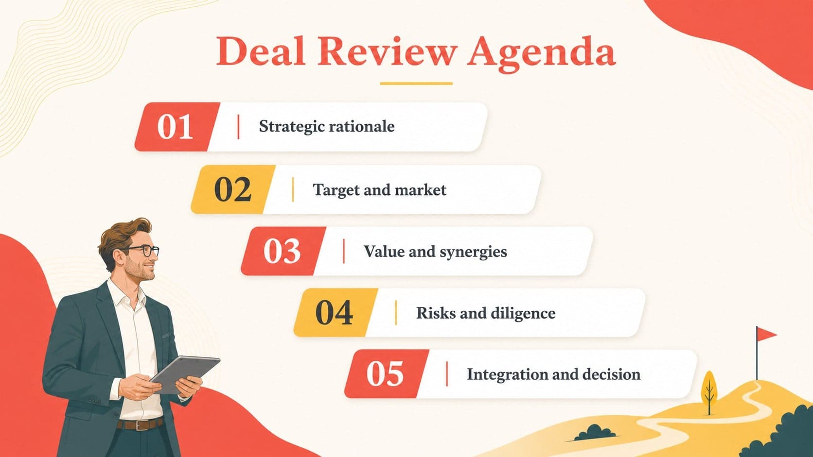 Corporate transaction agenda slide listing strategy, valuation, risks, and integration topics.