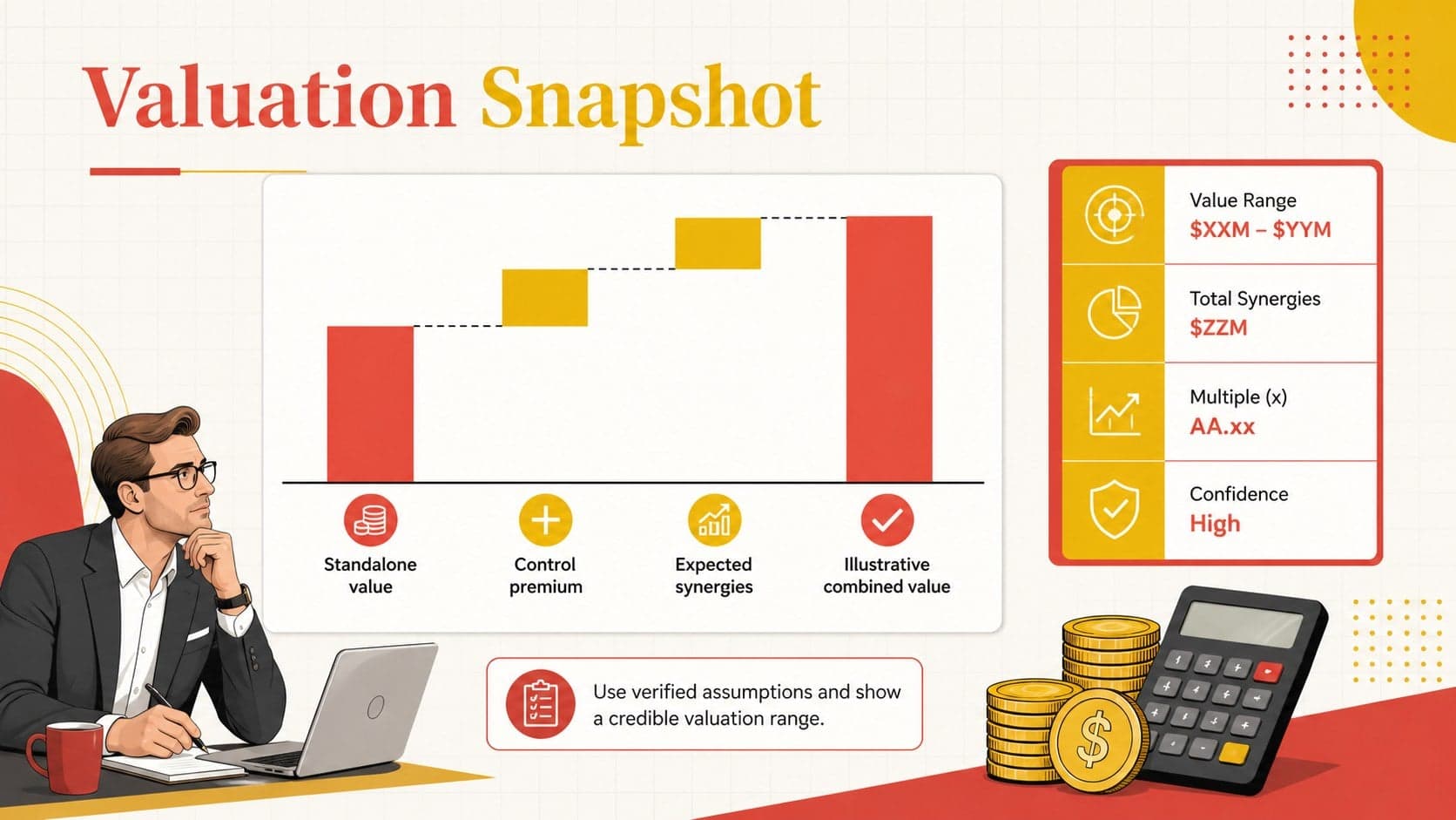 Deal valuation presentation template slide with illustrative price and value bridge charts.