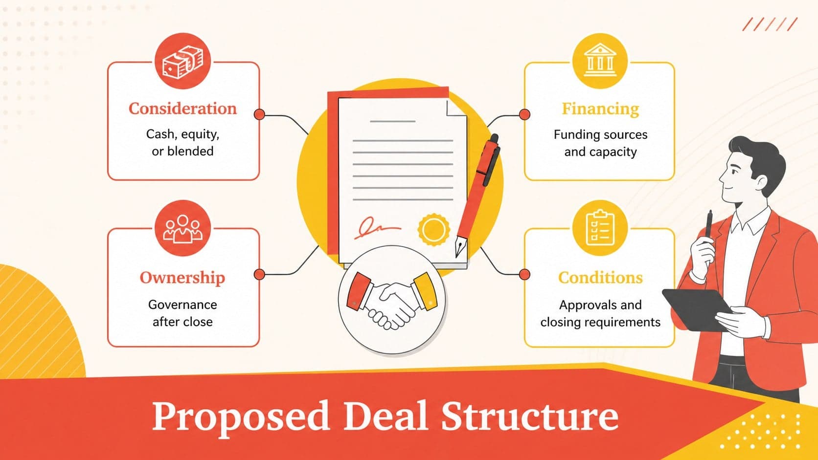 Corporate deal structure slide outlining consideration, financing, ownership, and closing terms.