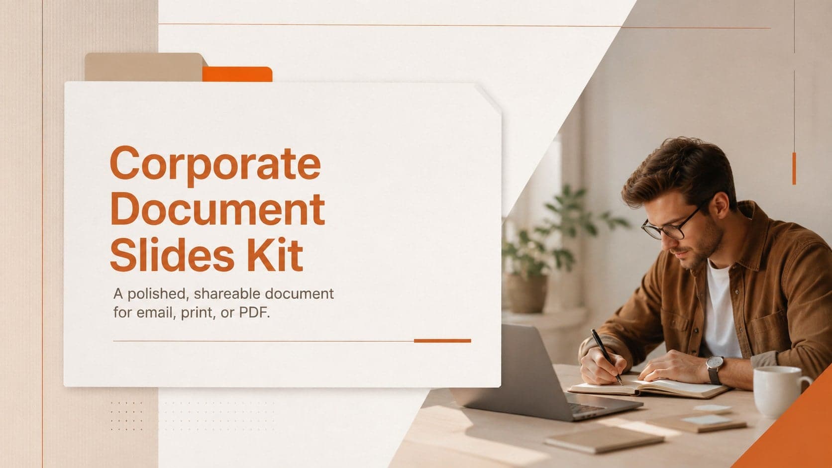 Cover of the Corporate Document Slides Kit with warm orange and brown editorial styling.
