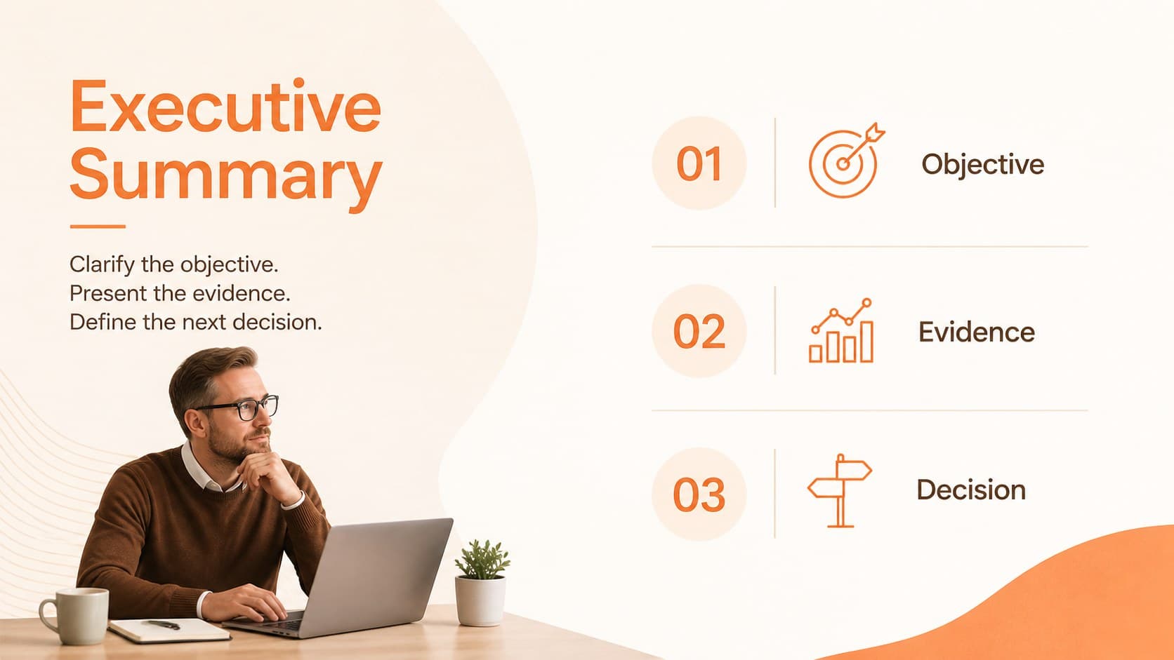 Executive summary page from an editable business document slide deck with three concise priorities.