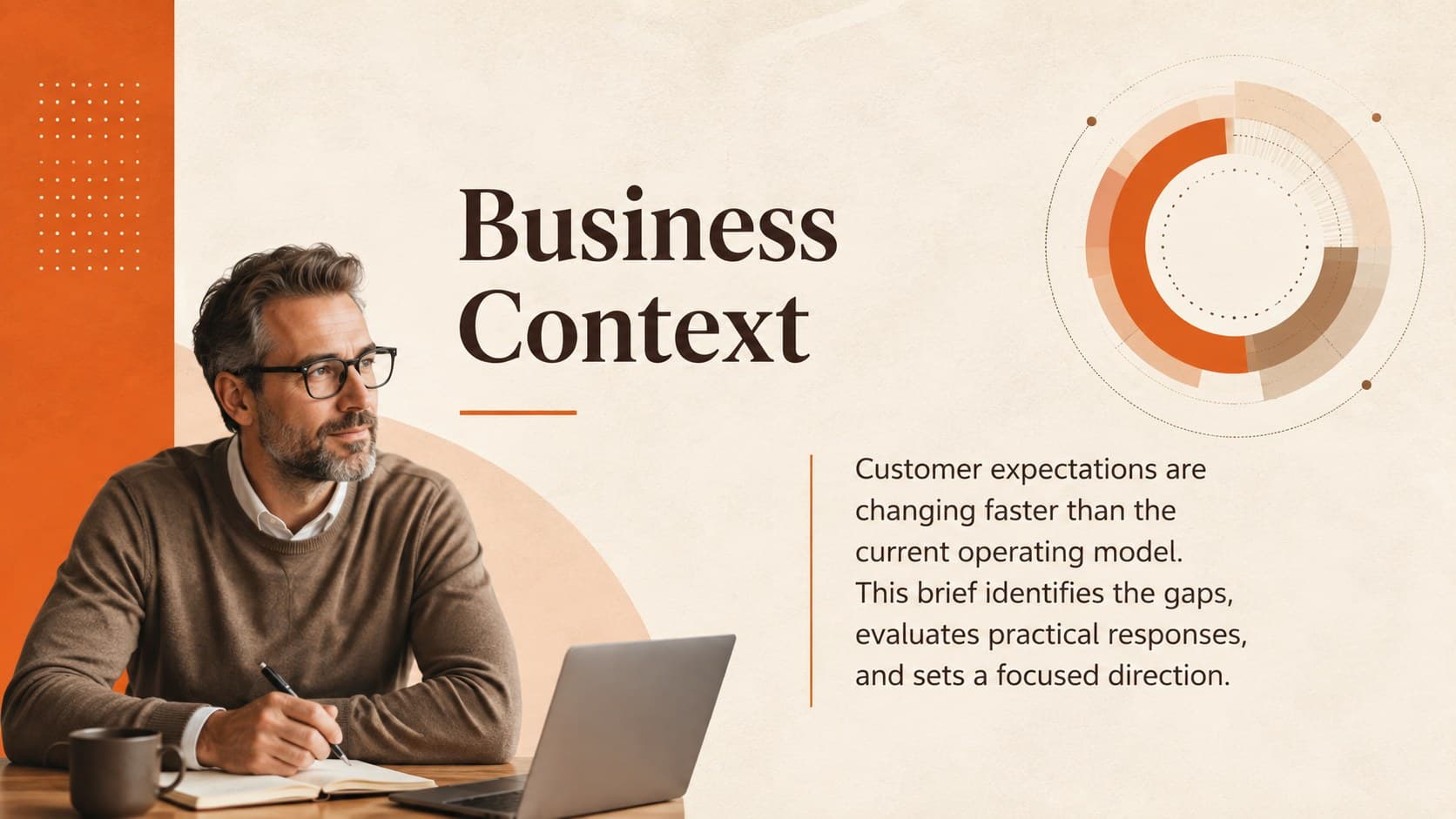 Business briefing slide outlining the context behind a corporate planning decision.