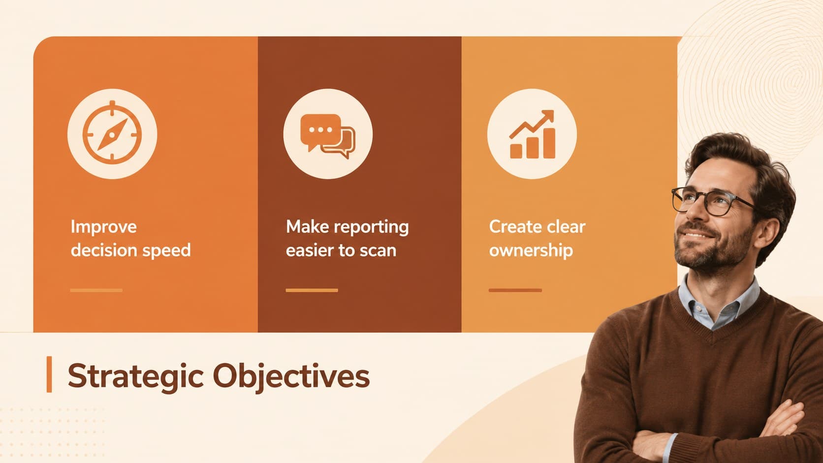 Professional proposal handout page displaying three strategic objectives in an editorial grid.