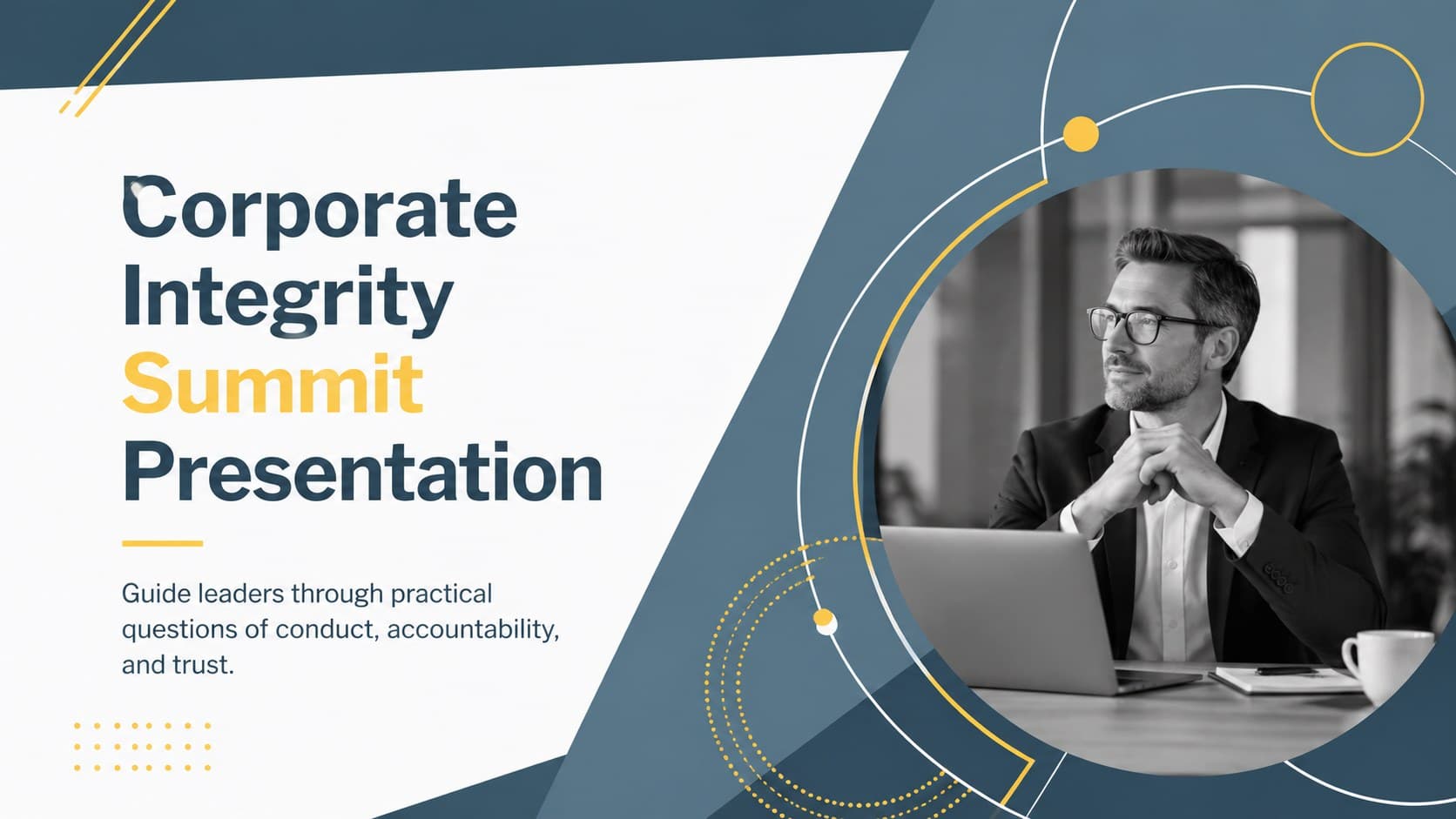 Cover of a corporate integrity summit presentation with bold blue and yellow geometric accents.