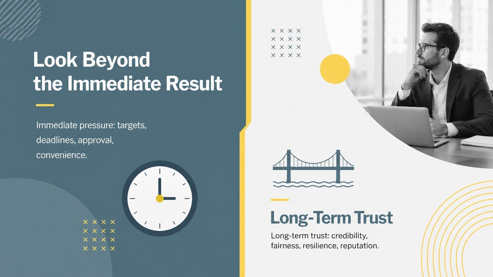 Ethical leadership conference deck slide comparing immediate pressure with long-term trust.