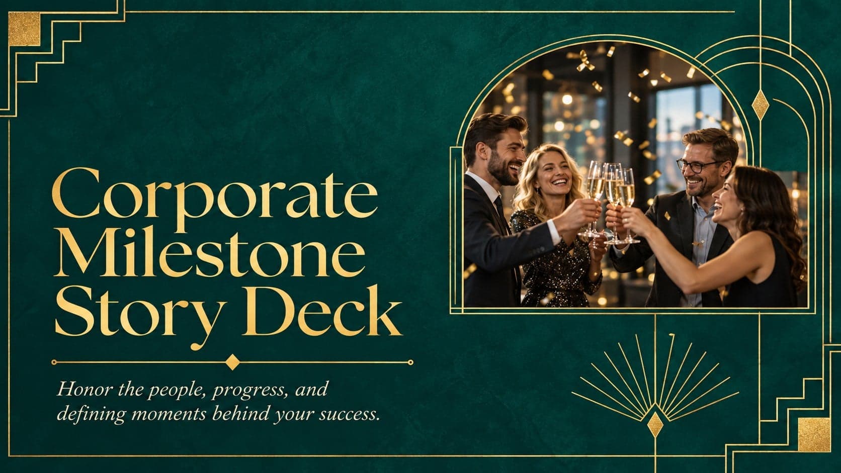 Cover of the Corporate Milestone Story Deck with an elegant green background, gold Art Deco details, and a formal business title.
