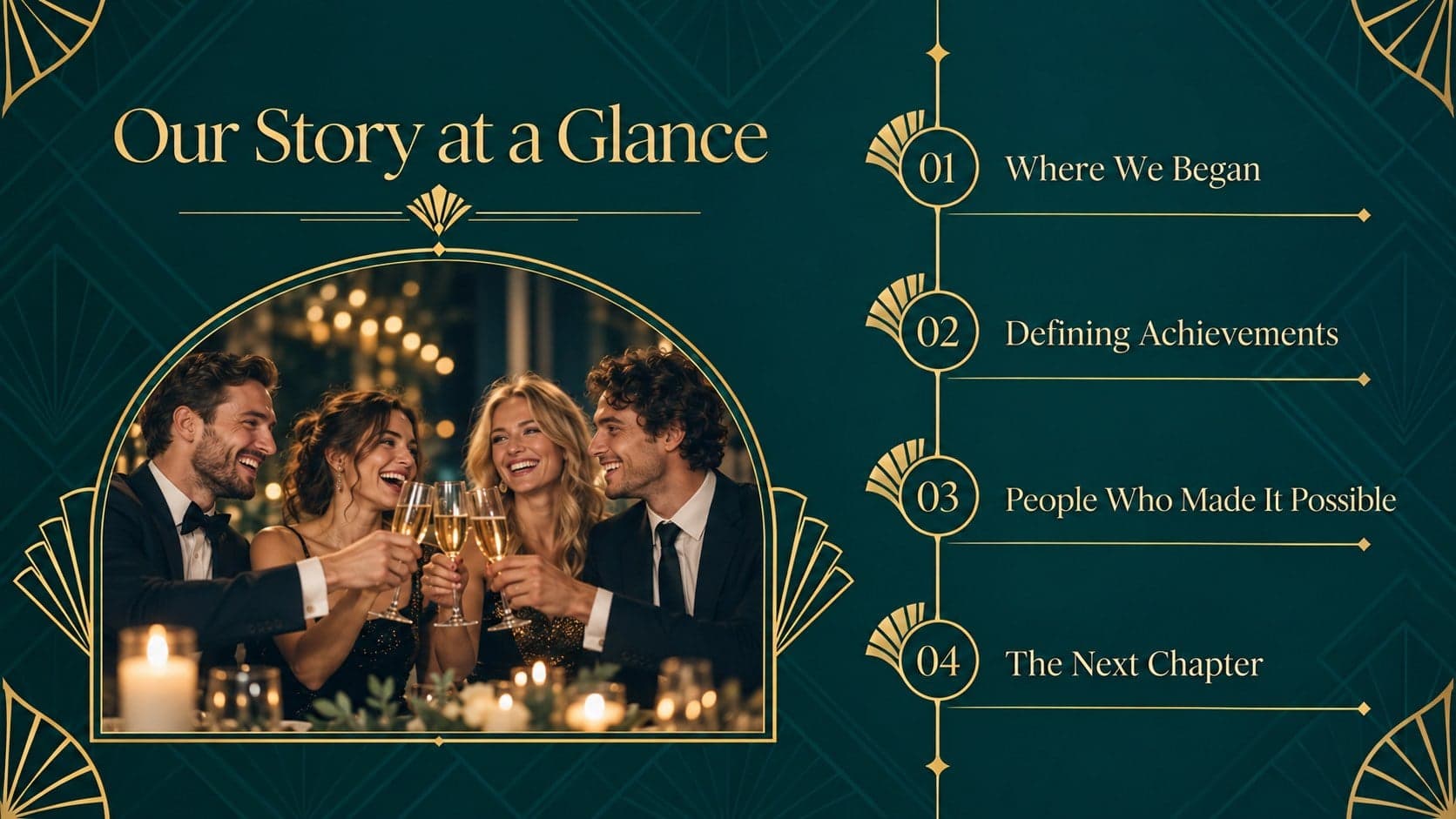 Elegant corporate milestone presentation agenda outlining the company story, achievements, people, and next chapter.