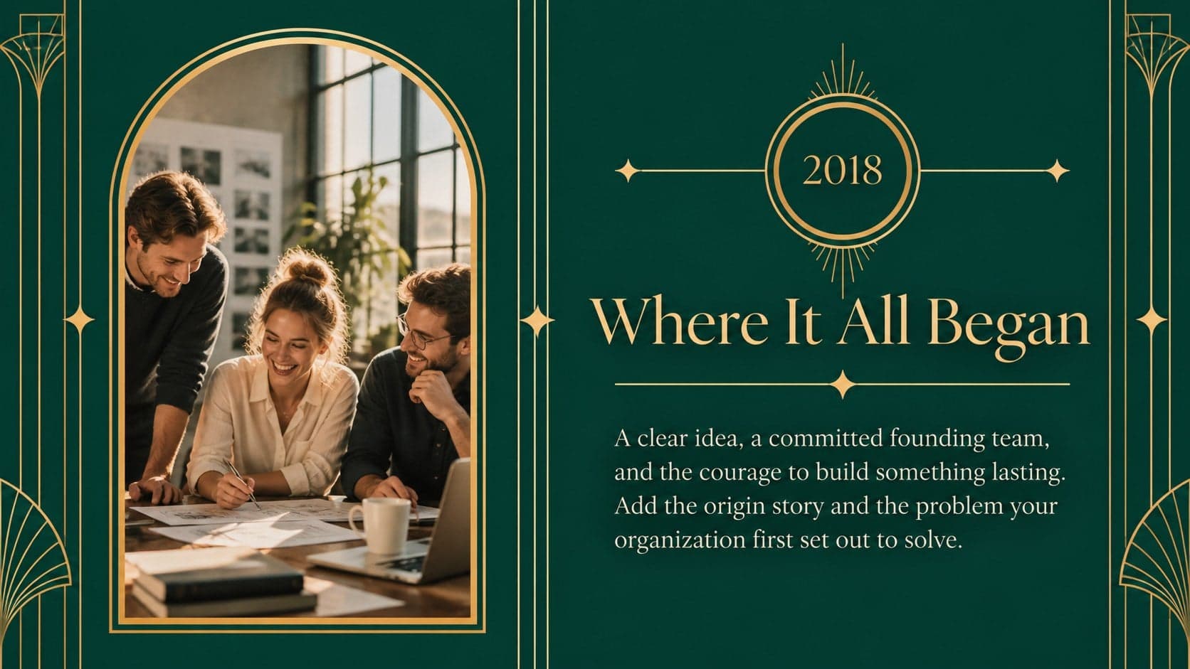 Business anniversary presentation template slide featuring a founding story and archival image placeholder.