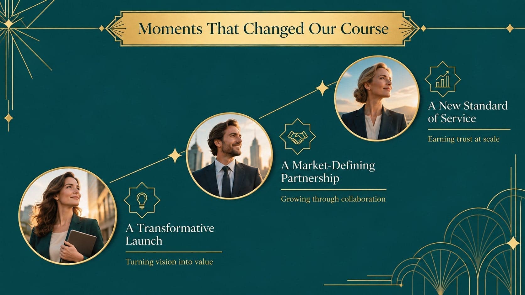 Green and gold business slide highlighting three defining company achievements with elegant Art Deco icons.