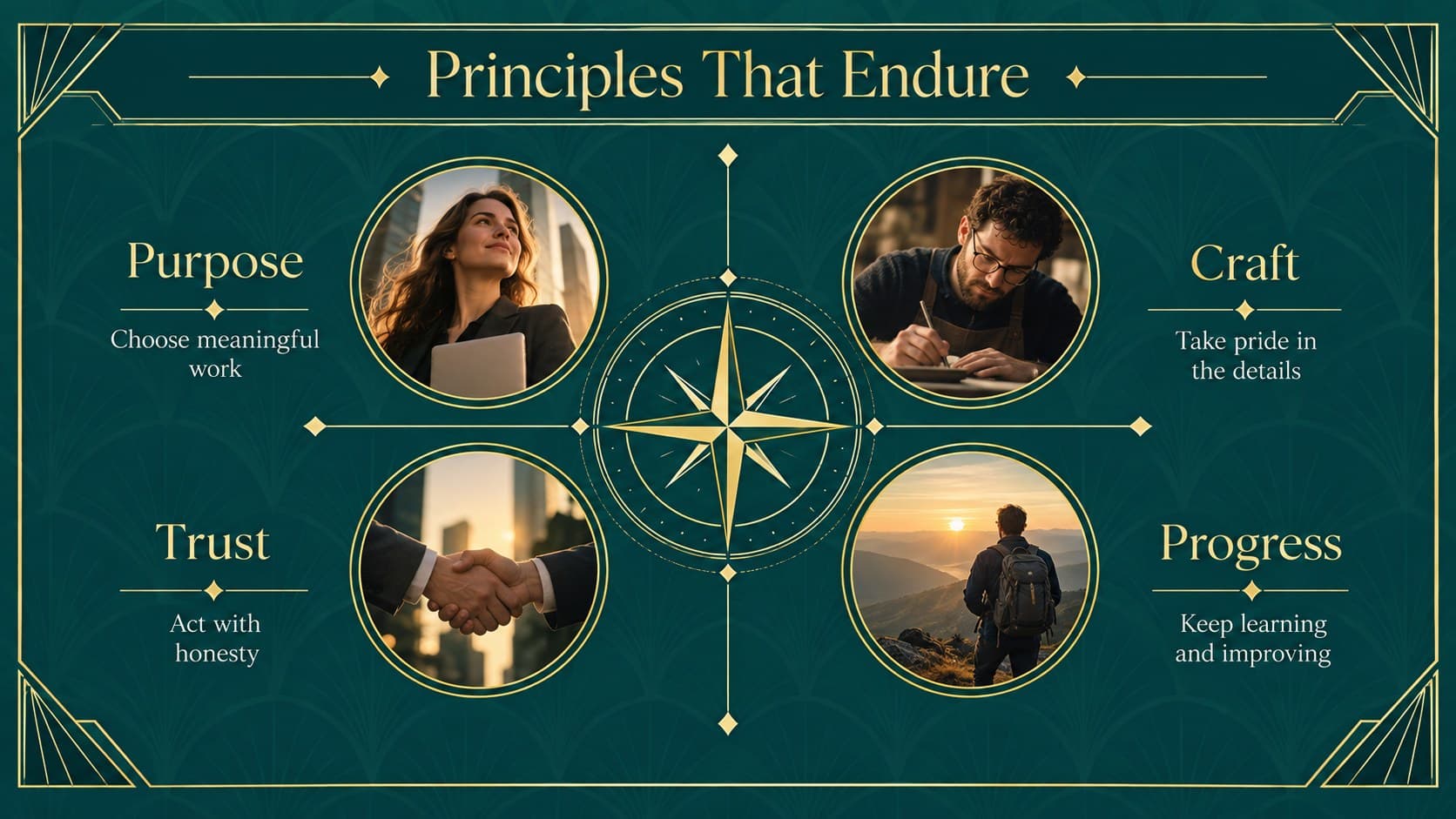 Elegant corporate values slide displaying purpose, craft, trust, and progress in a green-and-gold layout.