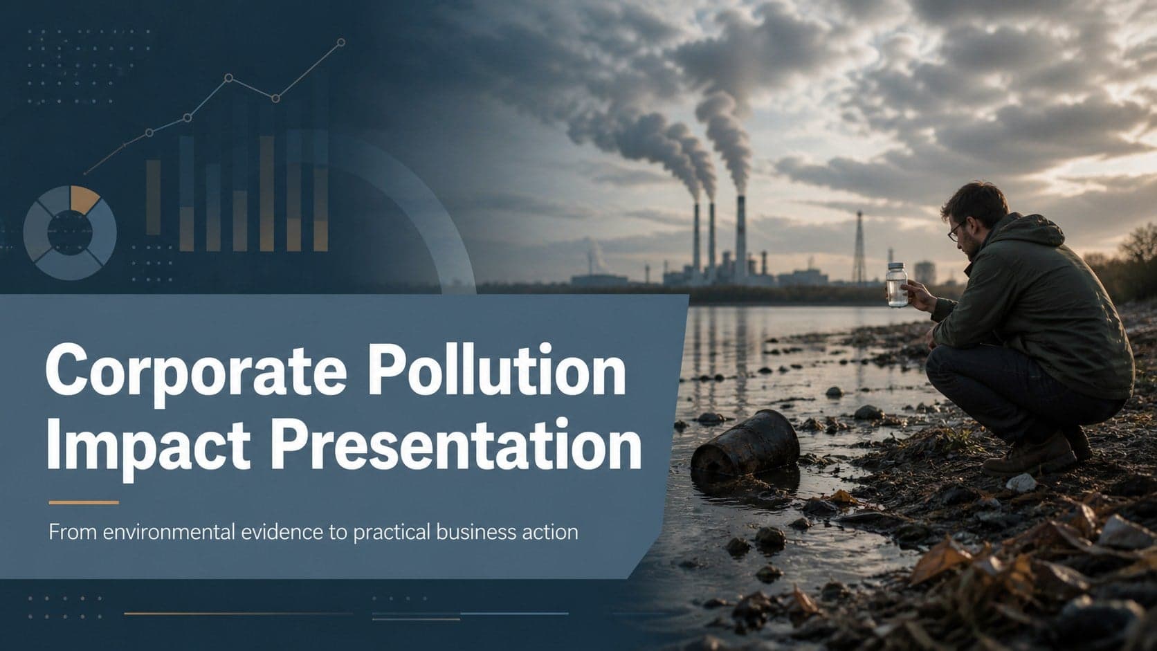 Cover slide presenting a corporate pollution impact presentation with blue and brown environmental imagery.