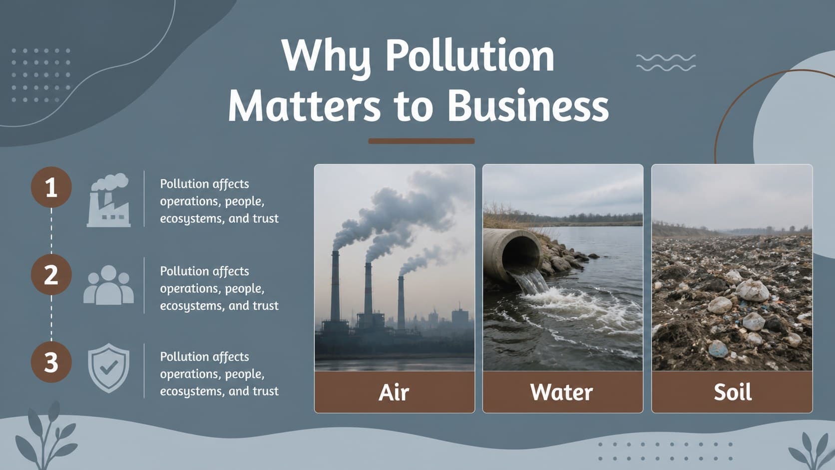 Overview slide outlining pollution pathways and business exposure in an environmental impact report.