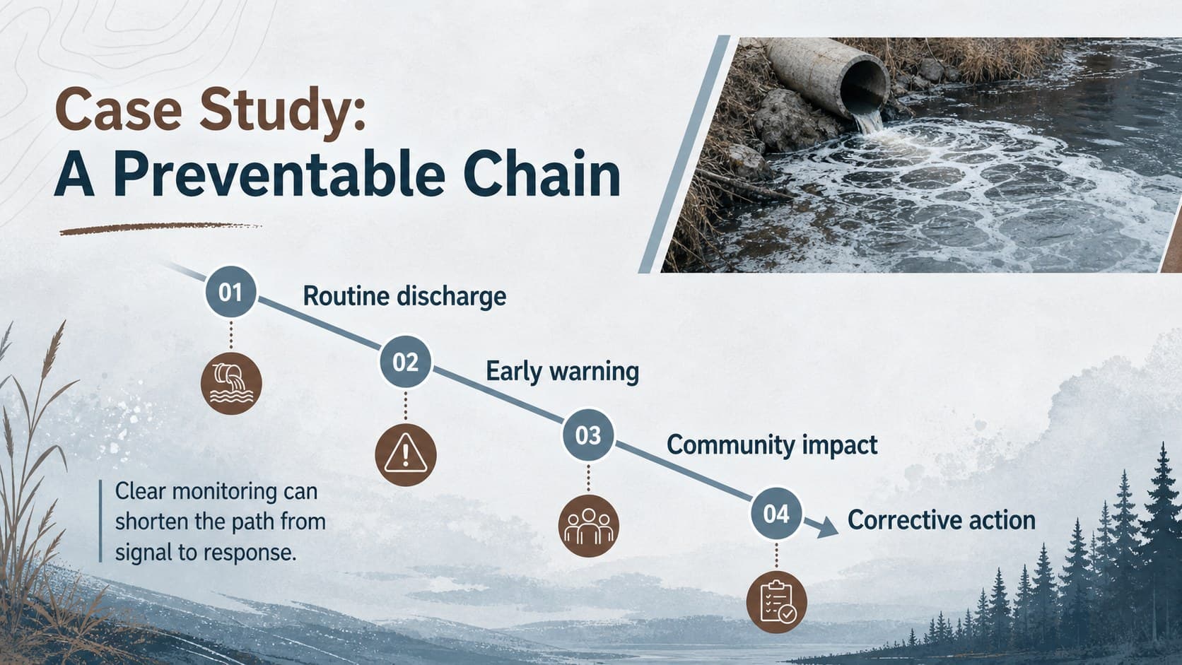 Case study slide presenting a pollution incident timeline for an environmental consulting proposal.