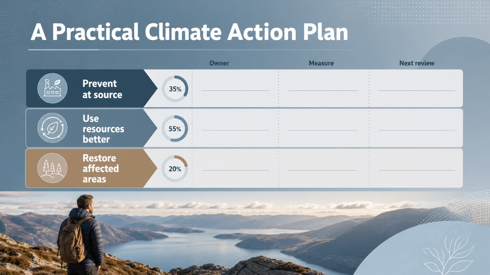 Strategy slide showing a climate action plan for business with measurable intervention areas.