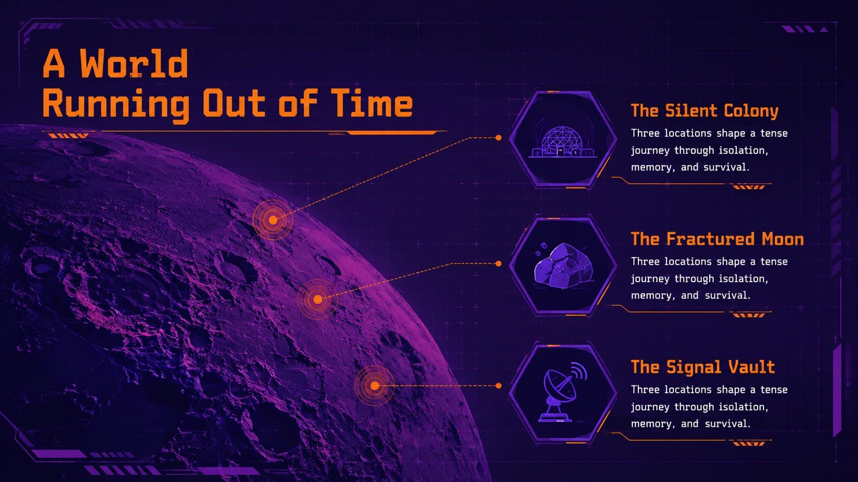 Futuristic film proposal slide mapping the story world with violet terrain and orange location markers.
