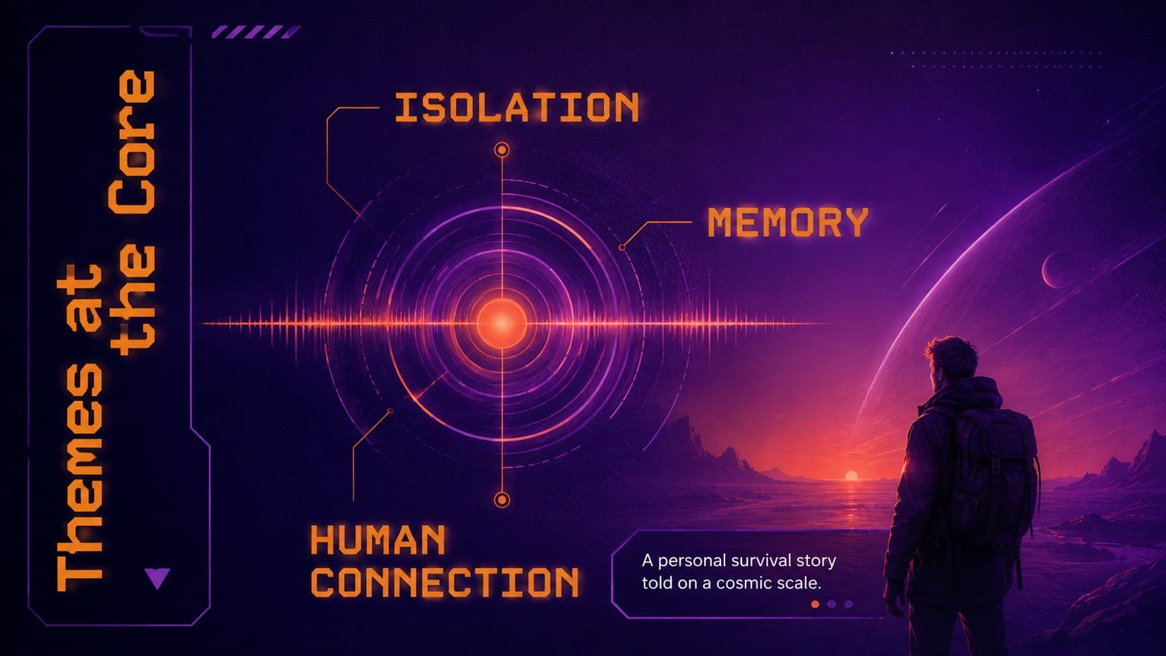 Science fiction film funding template slide presenting themes of isolation, memory, and human connection.