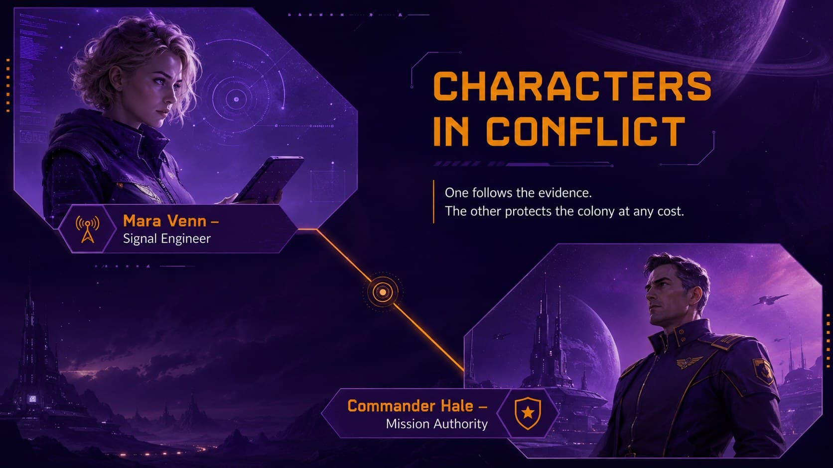 Space movie production pitch slide introducing the lead engineer and the opposing mission commander.