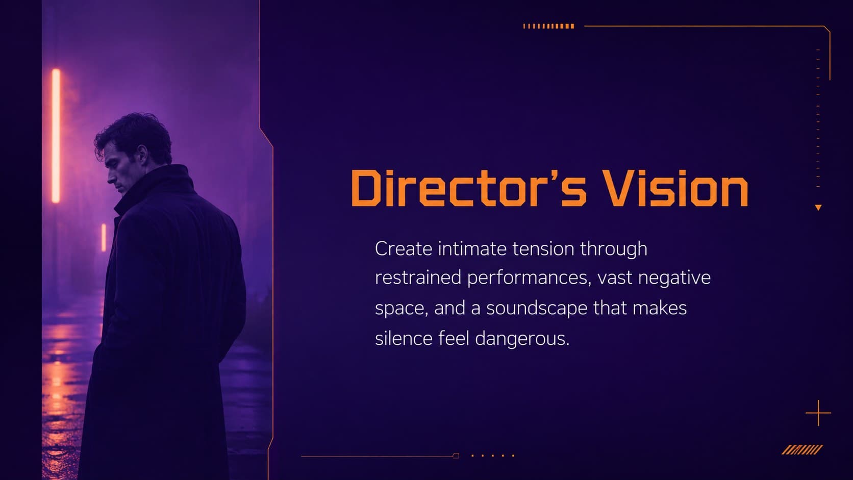 Futuristic film proposal slide outlining the director's vision with cinematic purple and orange imagery.