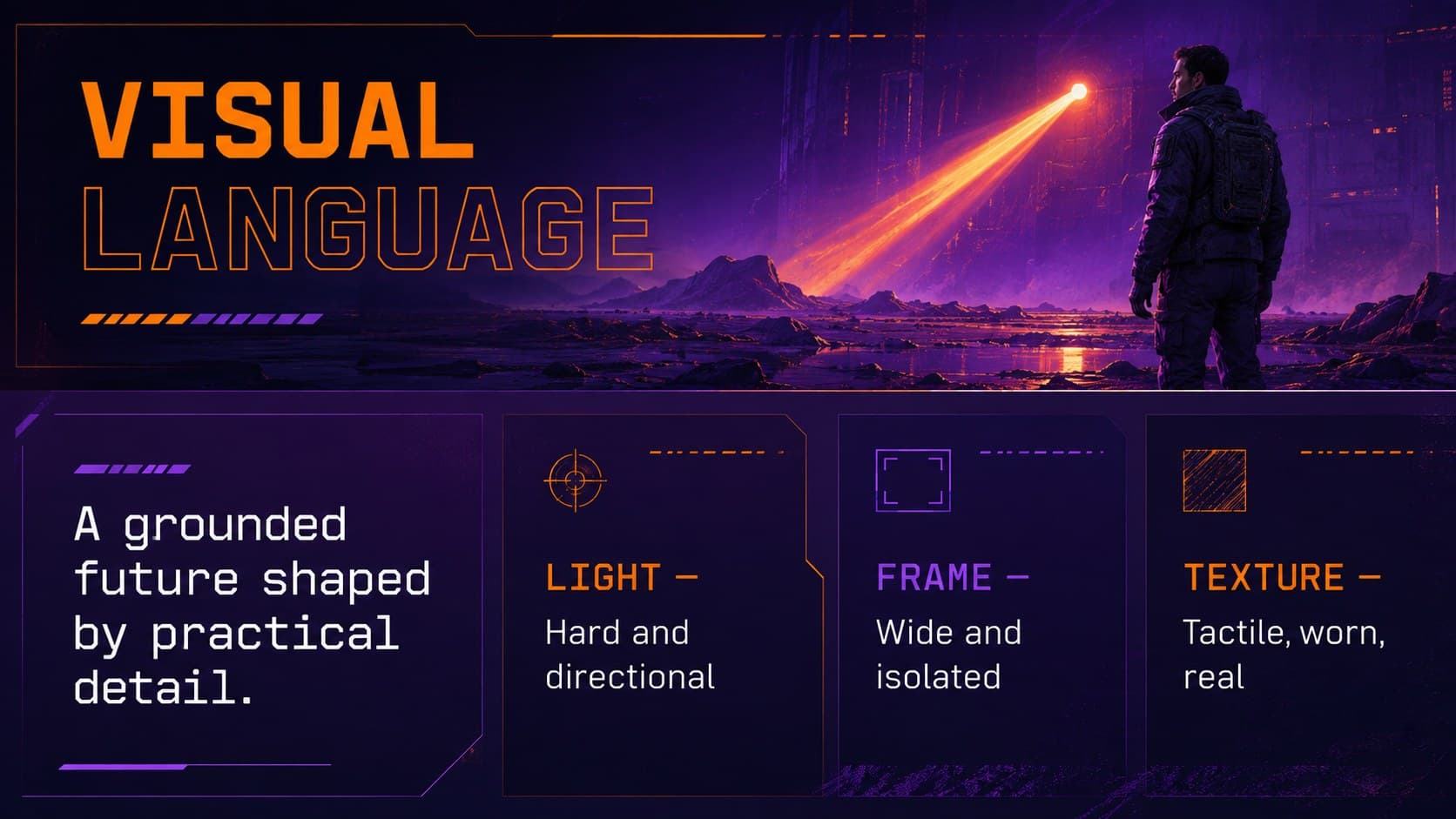 Purple and orange film pitch slide defining lighting, framing, texture, and visual language.