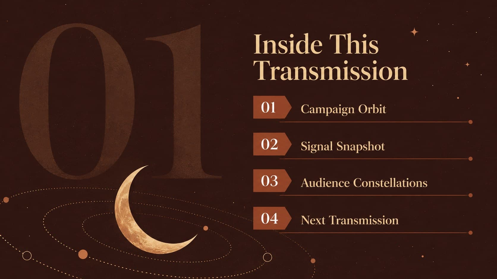 Cosmic newsletter contents page listing campaign stories, metrics, audience insights, and upcoming plans.