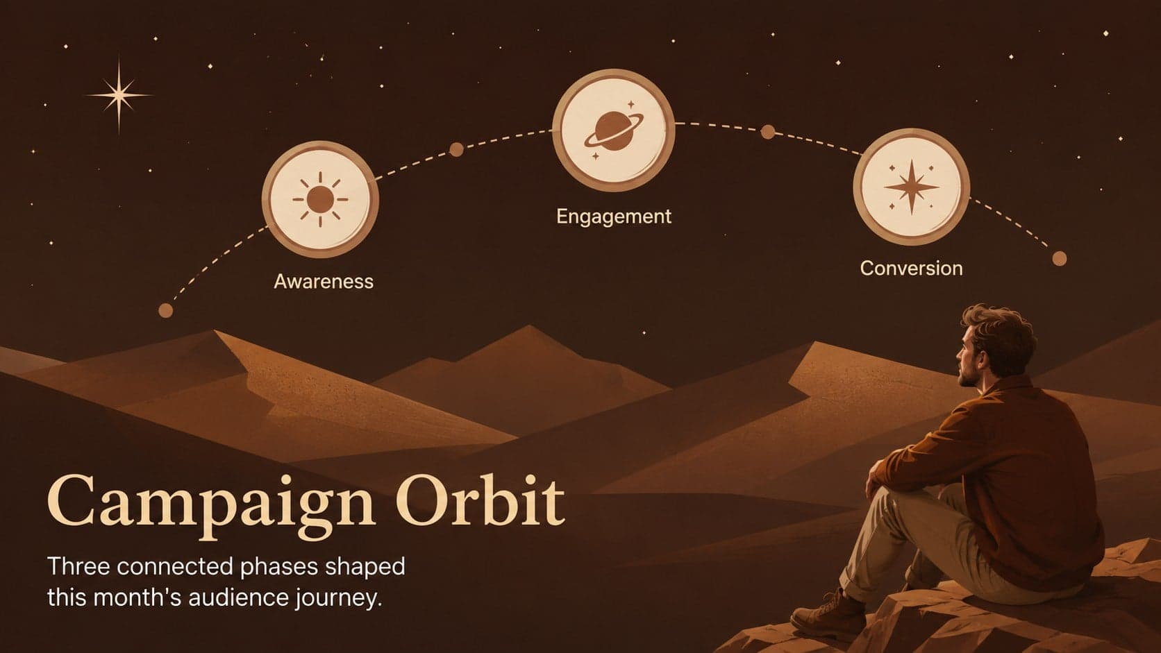 Campaign orbit overview in a warm neutral marketing newsletter presentation.