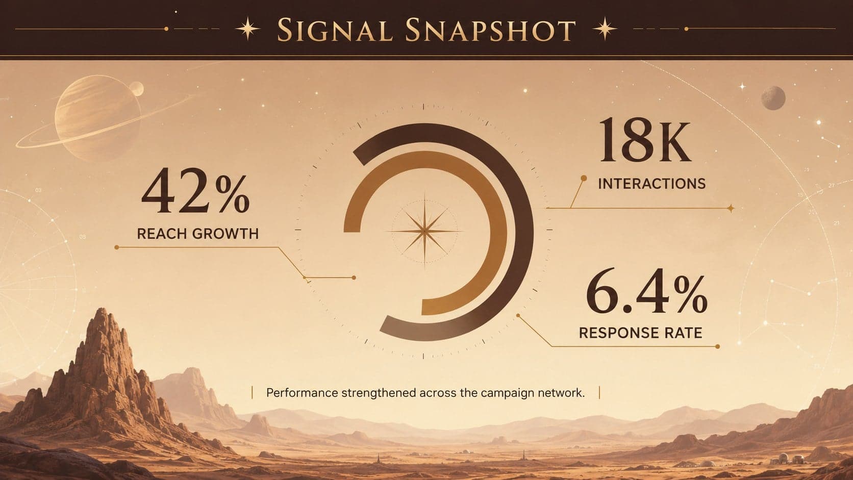 Campaign performance metrics slide with cosmic charts in a brown beige newsletter deck.