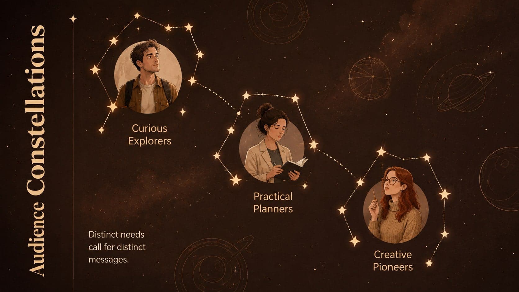 Audience constellation profiles displayed in a minimalist cosmic presentation theme.
