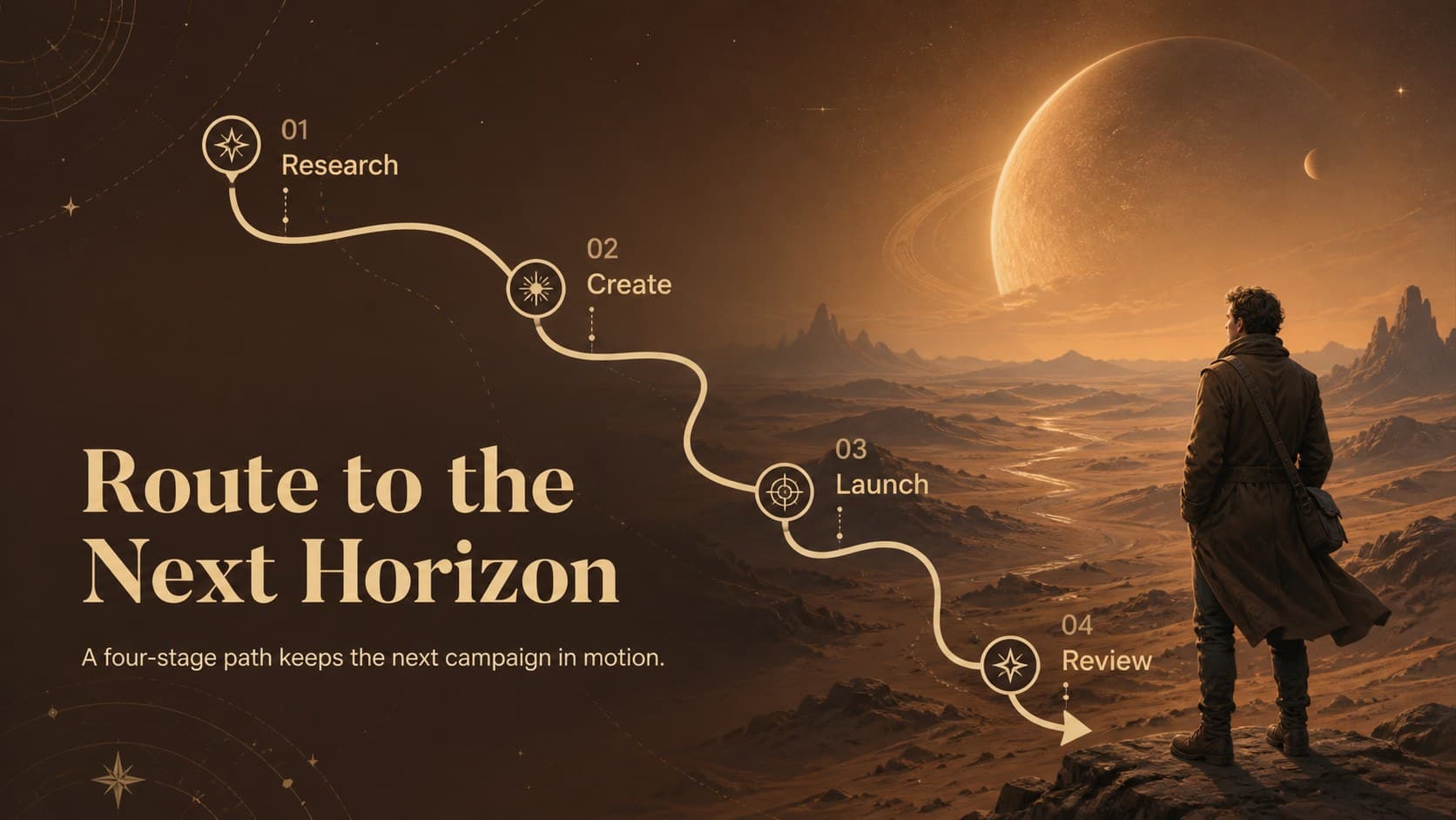 Four-stage campaign timeline for a cosmic desert newsletter presentation.