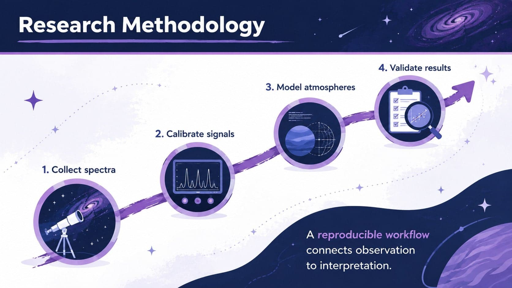 Purple space research presentation slide mapping an astronomy methodology from observation to validation.