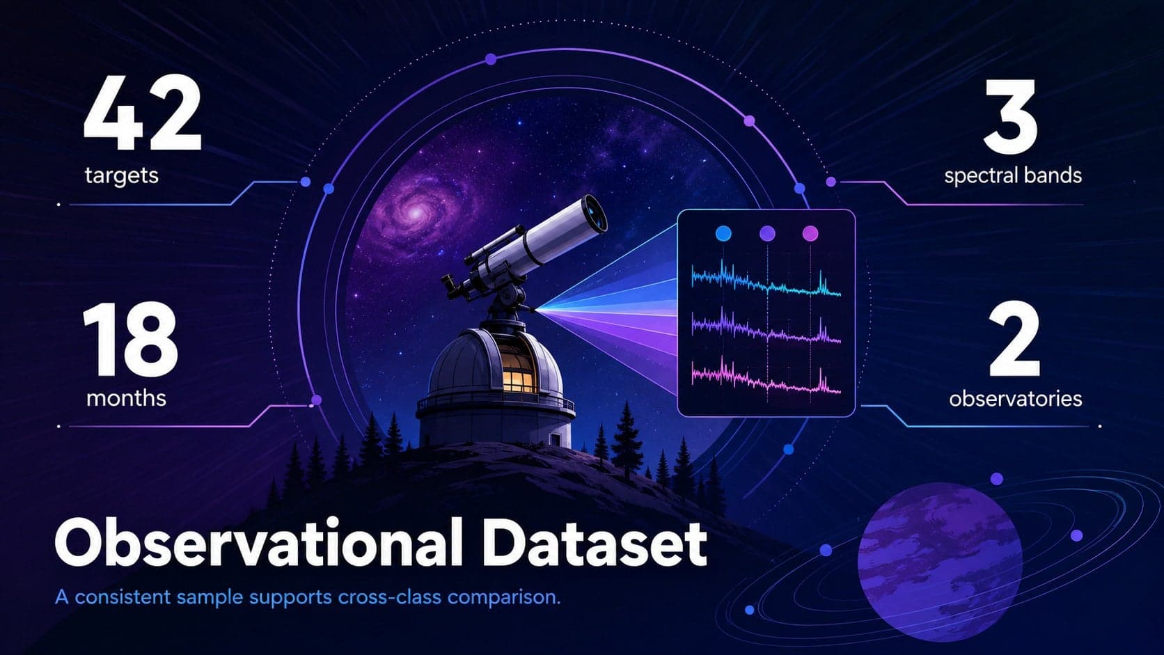Astronomy thesis presentation template slide detailing observational data with telescope and spectrum graphics.