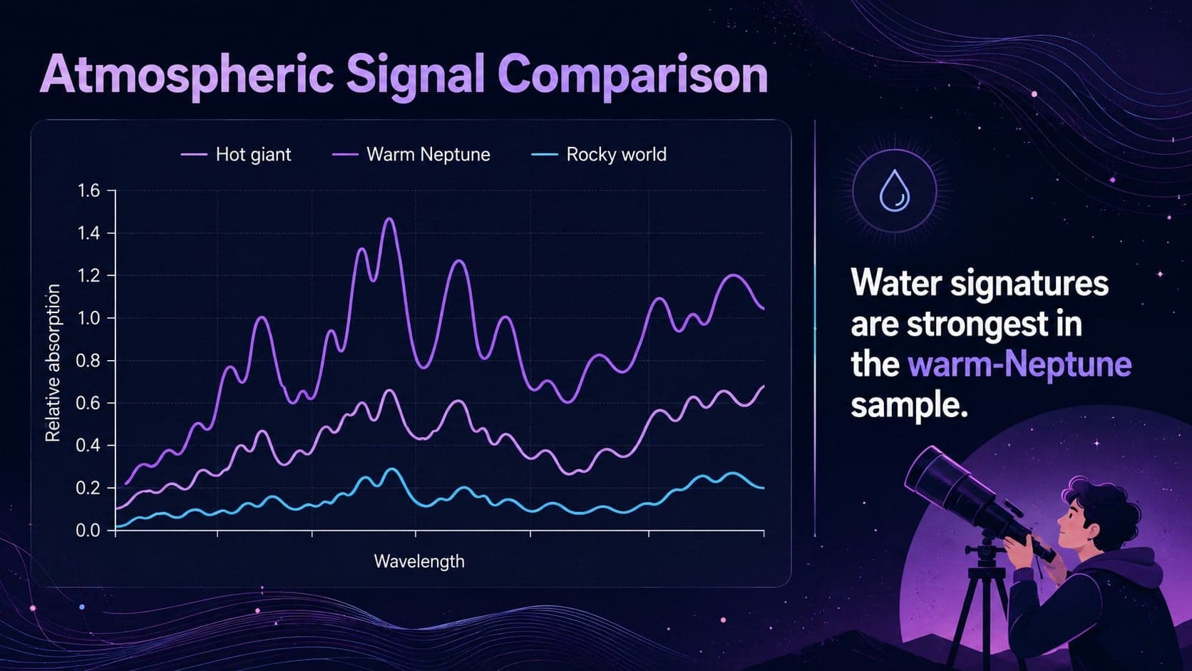 Celestial data visualization slide with a violet line chart comparing atmospheric signatures.