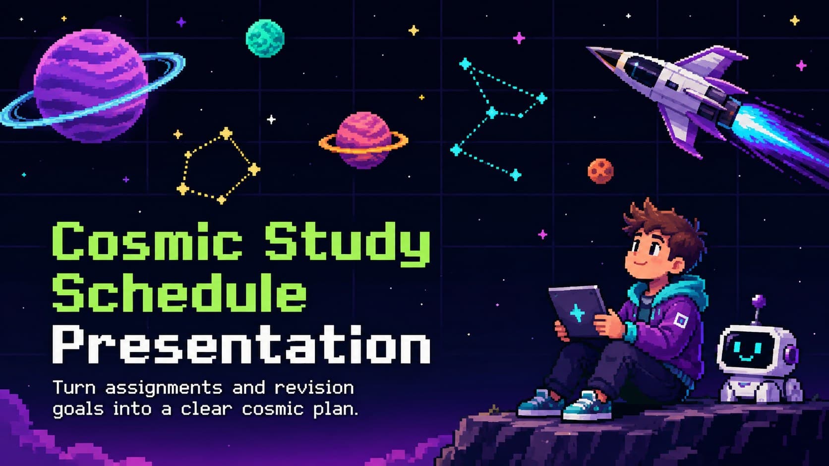 Cover for a cosmic study schedule presentation with neon pixel-art planets, a rocket, and a dark star field.