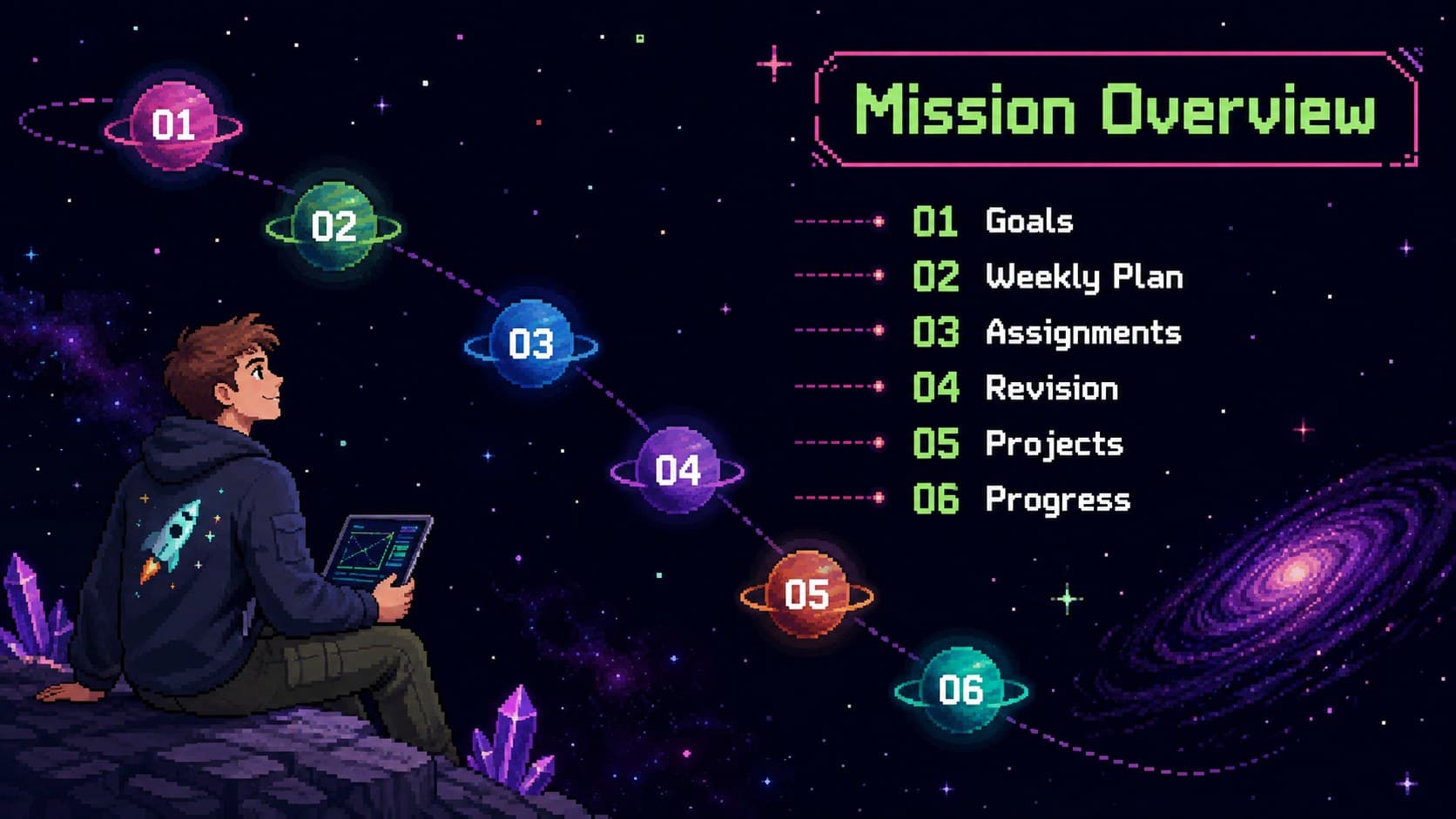 Neon space agenda introducing the sections of a pixel art academic planner deck.