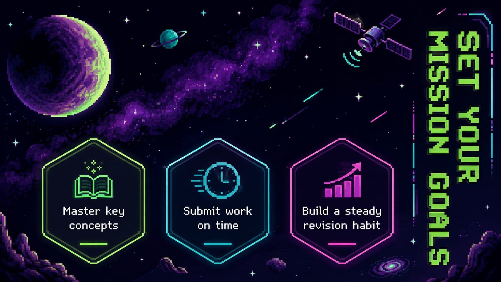 Academic mission goals slide with colorful pixel planets and three study priorities.