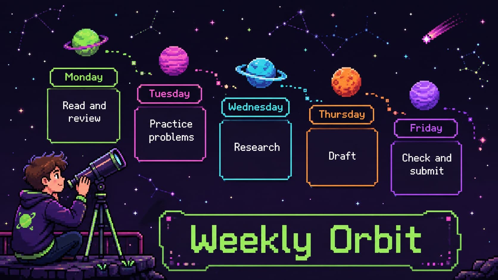 Galaxy weekly study organizer showing Monday through Friday tasks in neon pixel-art columns.