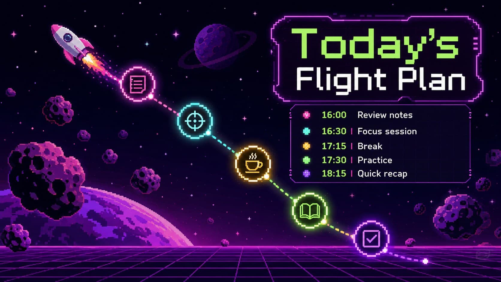 Daily study timeline with neon checkpoints for focus sessions, breaks, and review.