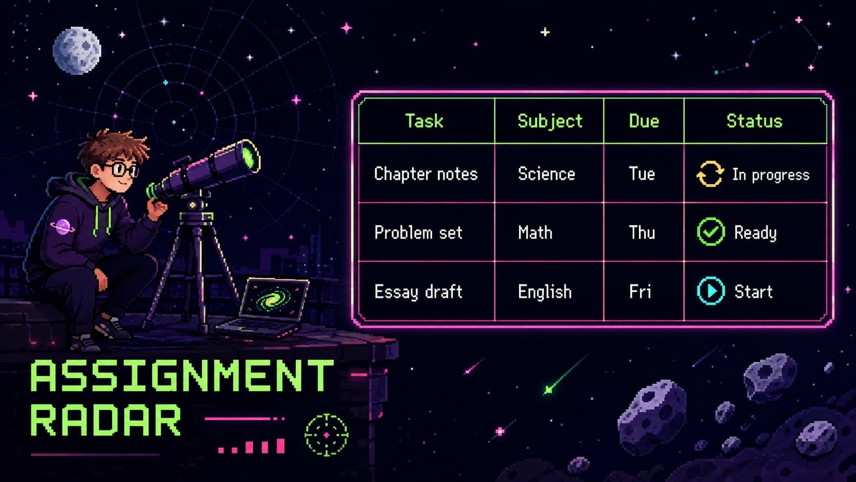 Astronomy homework tracker template with assignments, due dates, and status indicators.