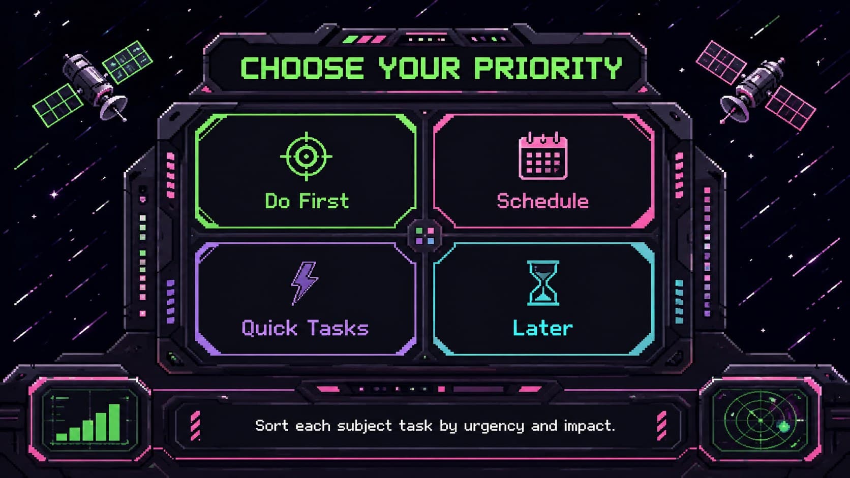 Neon subject priority matrix for sorting urgent and important academic tasks.