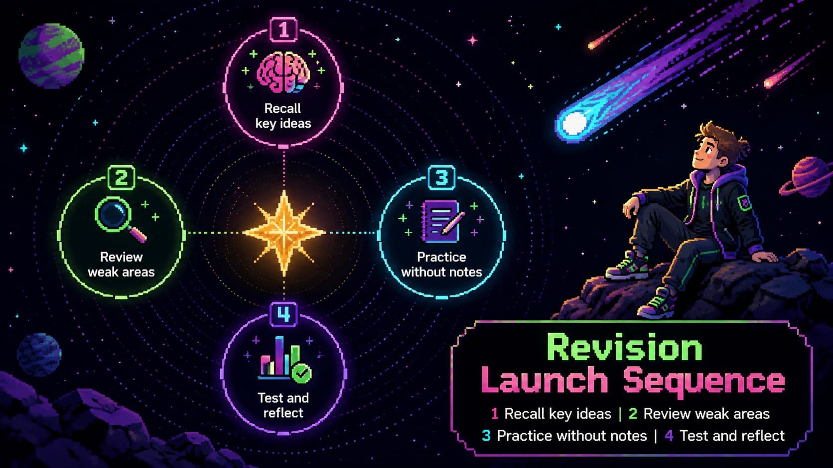Cosmic exam revision planner with a four-stage path from review to self-testing.