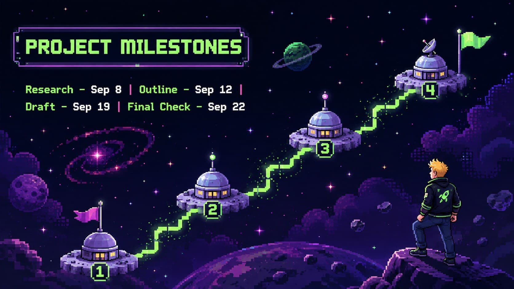 School project milestone slide using a neon rocket route and four deadline checkpoints.